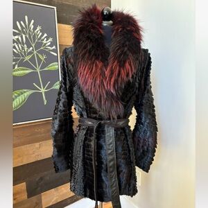 Mano Swartz Cut Calf Lambskin Dyed Coon Collared Button Front Tie Coat Womens S